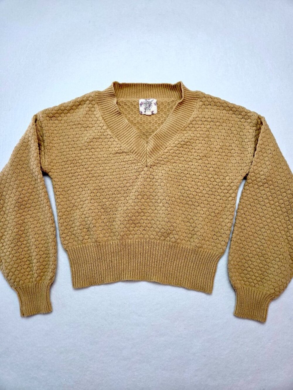 Hippie Rose Sweater Textured V-Neck Camel Knit Balloon Sleeve Women's Size XS